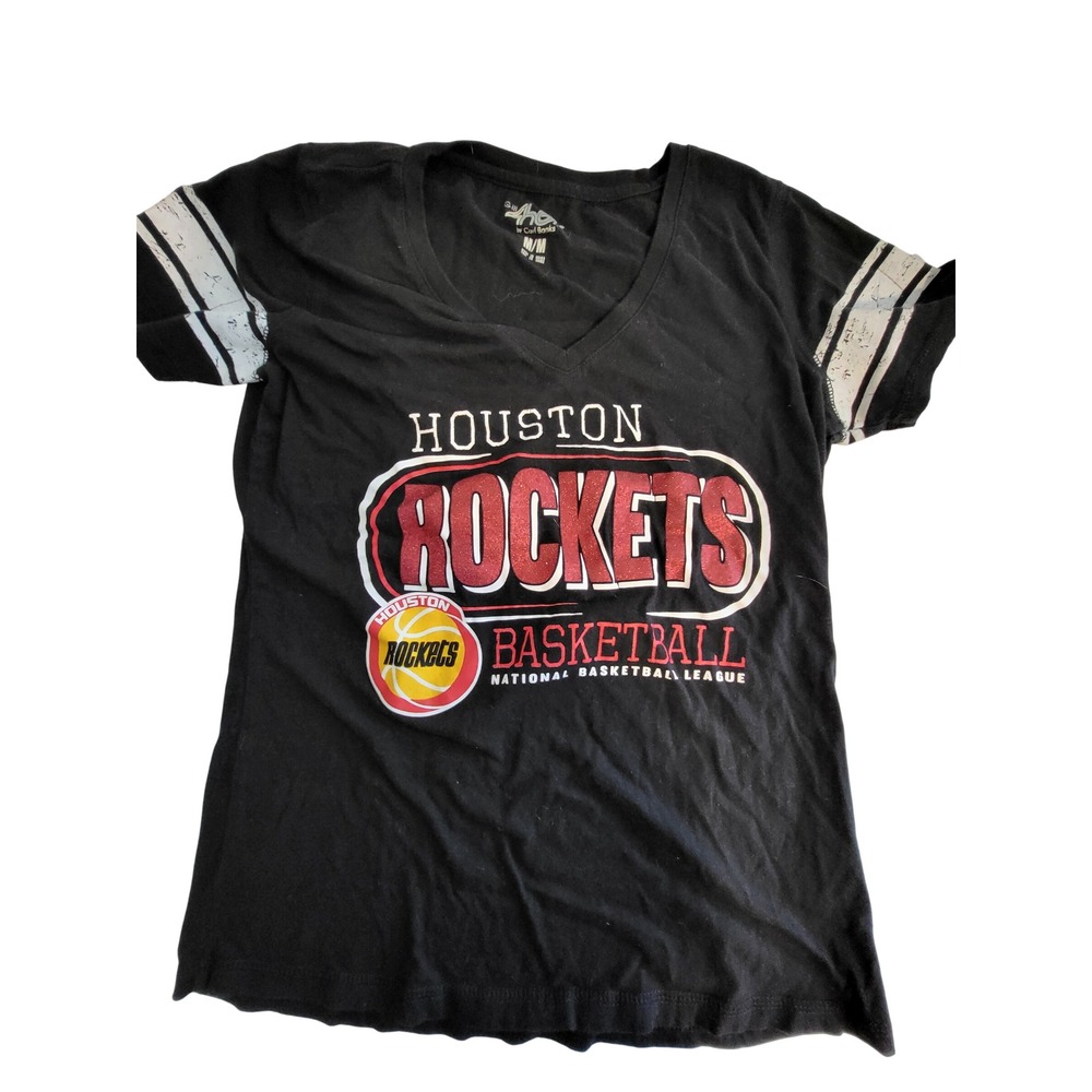 G-III 4Her Houston Rockets NBA V-Neck Graphic T-Shirt Black Red Glitter Medium